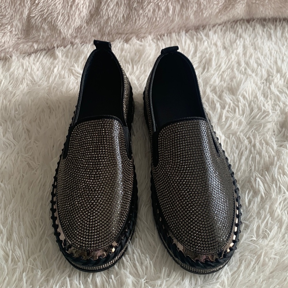 Rhinestone Black Platform Slip Ons